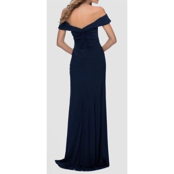 New La Femme Size 10 Off the Shoulder Ruched Floor Length Gown Navy - Picture 3 of 13